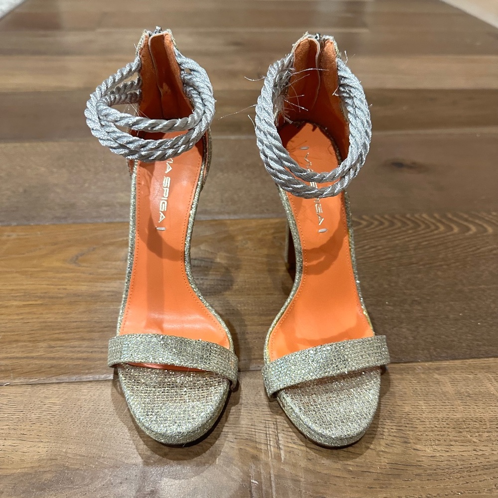 Via Spiga "Penelope" Gołd Glittery Sandals with Silver Rope Ankle Straps, Size 7